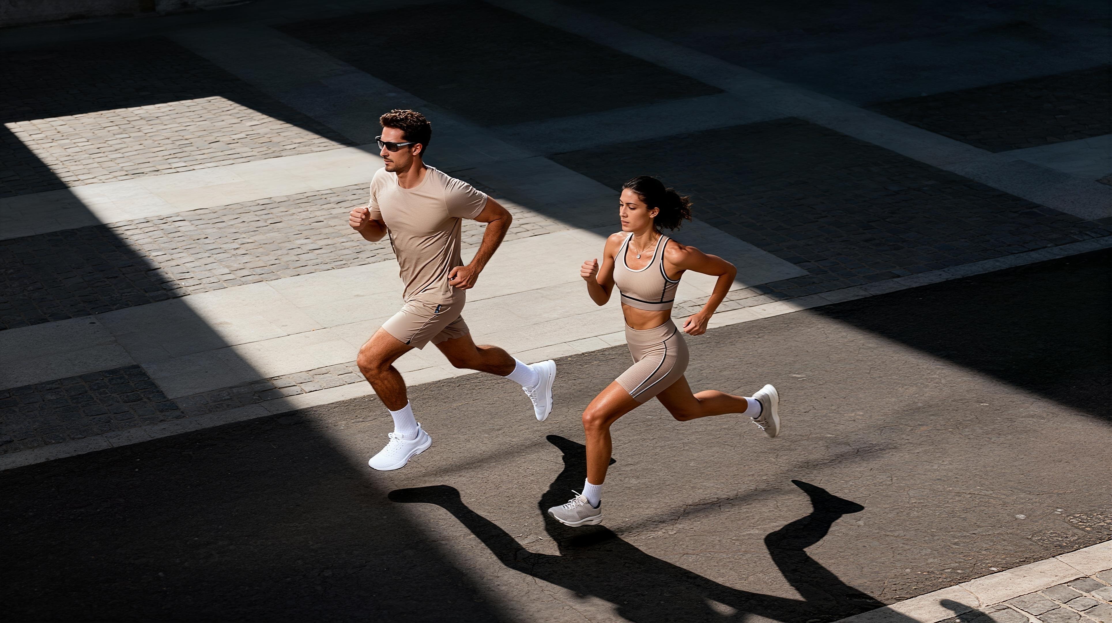 Dos atletas corriendo juntos en entorno urbano con equipamiento deportivo - Impulsa tu rendimiento