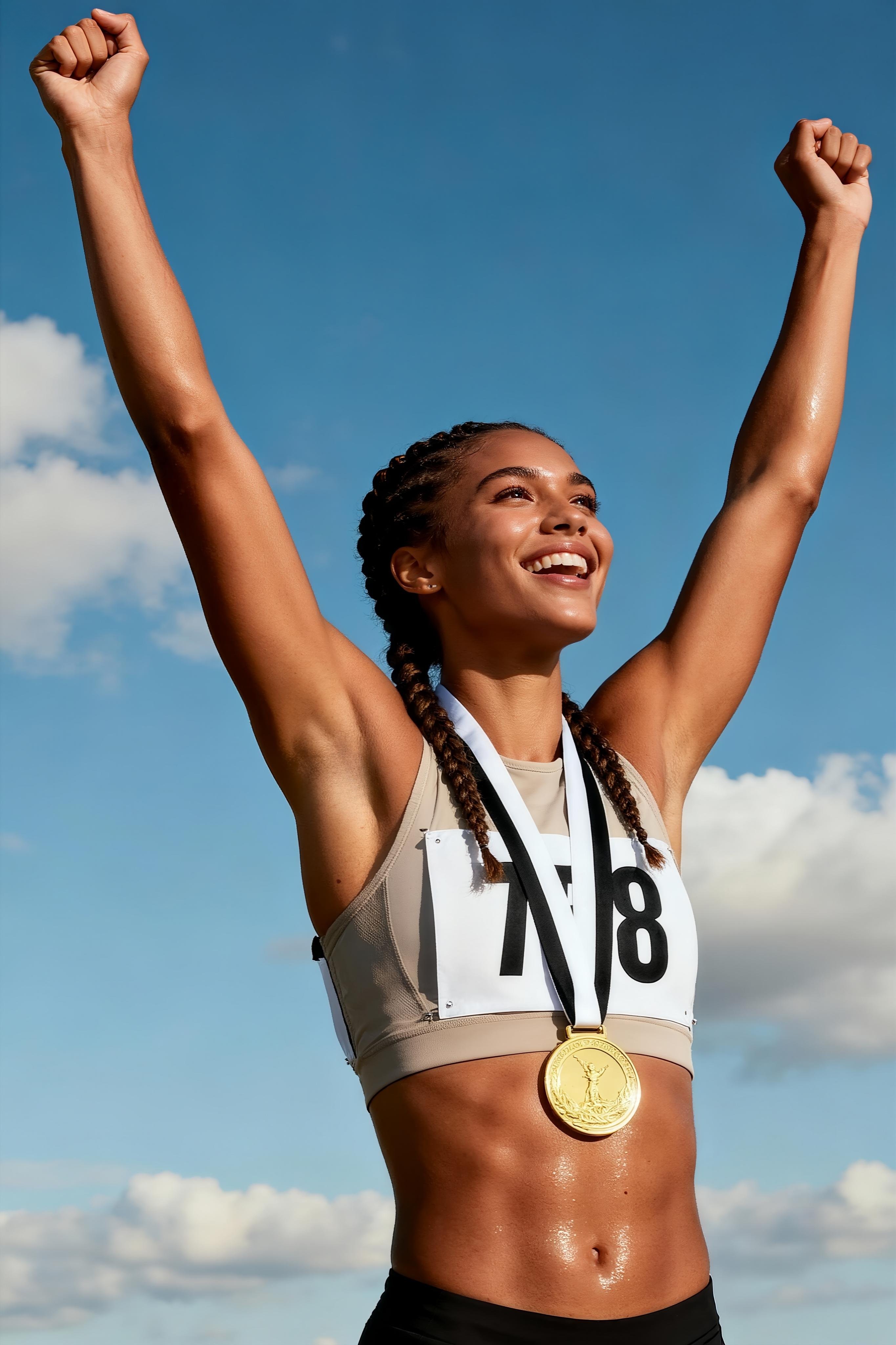 Atleta femenina celebrando victoria con brazos en alto y medalla de oro - Impulsa tu carrera deportiva