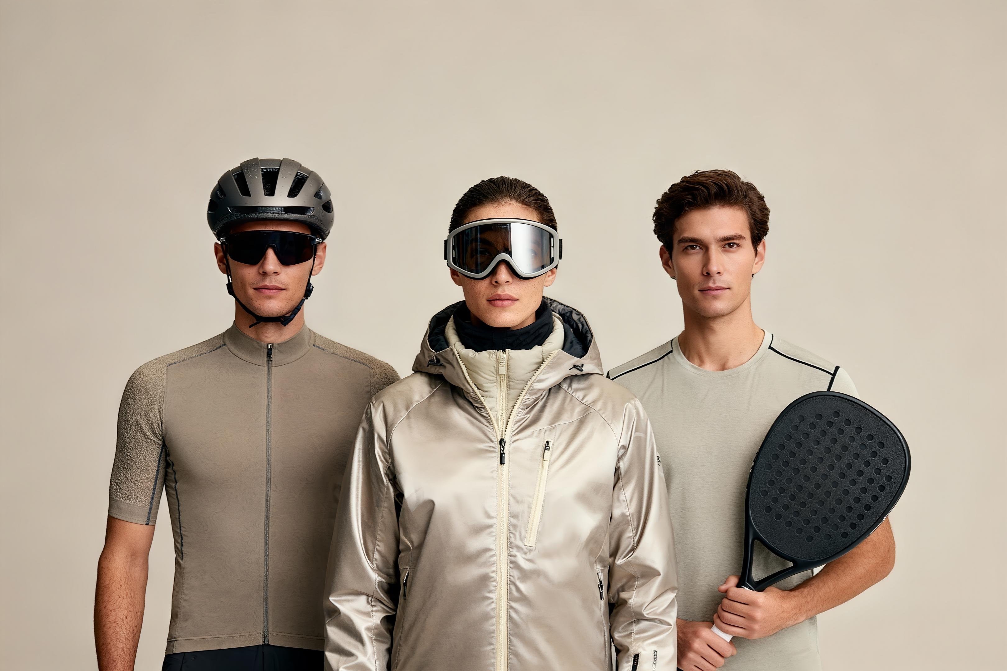 Tres atletas representando diferentes deportes: ciclista, esquiador y jugador de pádel con sus equipos