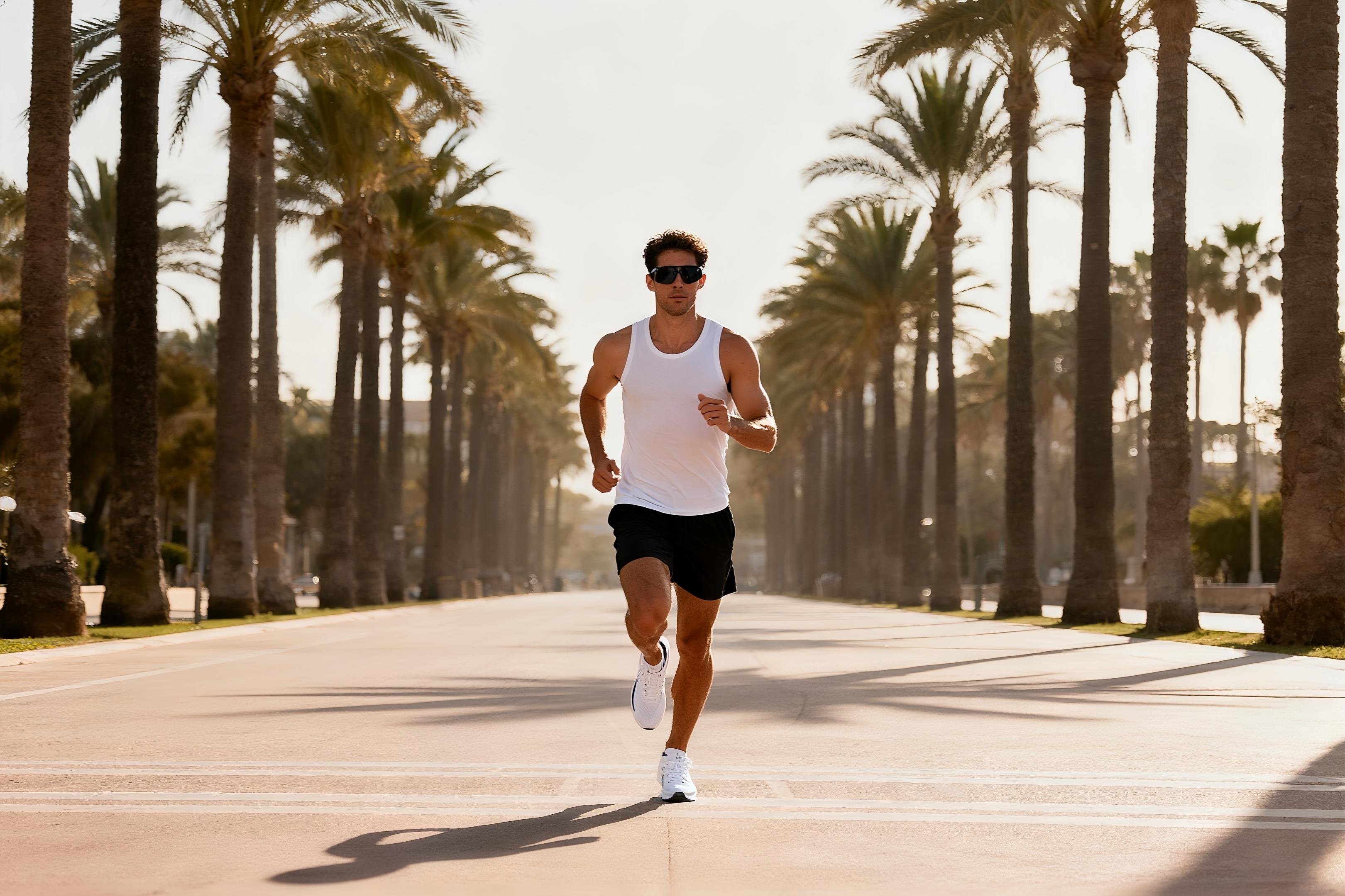 Atleta masculino corriendo en avenida con palmeras durante atardecer